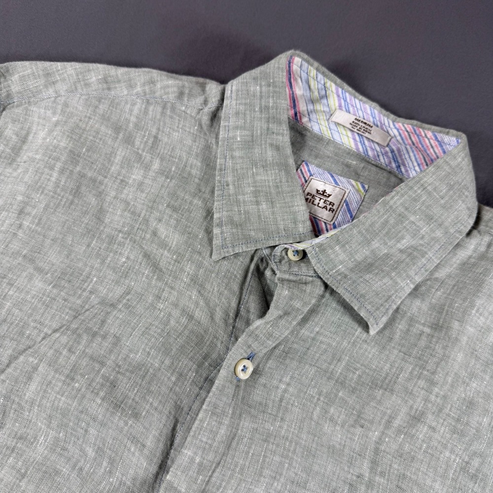 Peter Millar Mens Medium Sage Green 100% Linen Long Sleeve Button Down Shirt